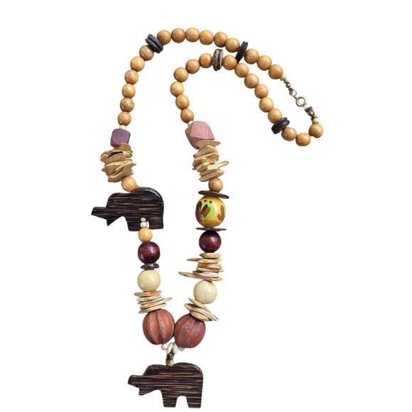 VTG 70s Boho Tribal Necklace Wood Beads Carved Elephant Pendant Earthy Artisan - Picture 8 of 14